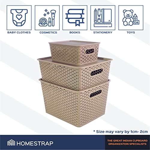 Homestrap Set Of 3 Plastic Storage Organizers/Baskets With Lid For Kitchen, Clothes, Multipurpose Vegetables, Toys, Books, Office, Stationery, Wardrobe(Medium| Biscuit) Rectangular - Image 4