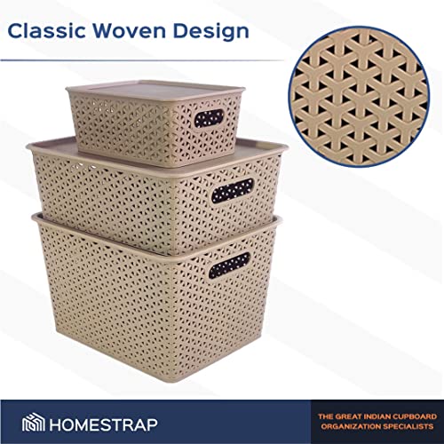 Homestrap Set Of 3 Plastic Storage Organizers/Baskets With Lid For Kitchen, Clothes, Multipurpose Vegetables, Toys, Books, Office, Stationery, Wardrobe(Medium| Biscuit) Rectangular - Image 5