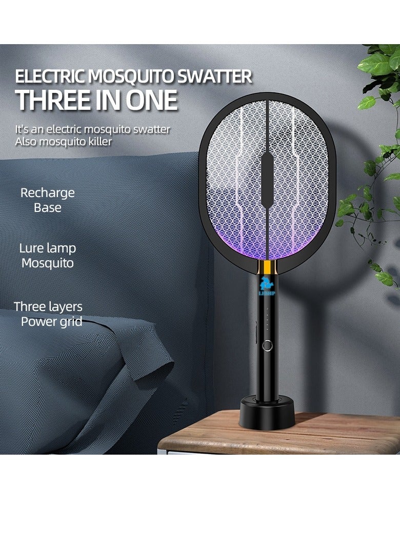 ليشب 3000V محمولة باليد فخ ذبابة، 3 طبقة واقية شبكة مبيد مضرب لغرفة النوم المنزلية مكتب المطبخ الفناء الخلفي في الهواء الطلق في الهواء الطلق مع قاعدة شحن أعلى وجدار قاعدة الشحن - Image 1