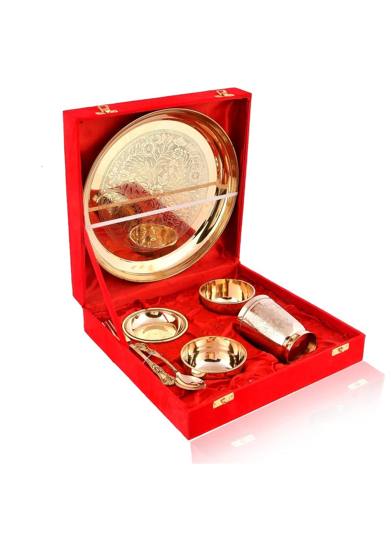 AC ANAND CRAFTS Ac Anand Crafts Pure Brass Dinner SetThali Set of 1 Plate 1 Glass 1 Spoon1 Fork 1 Pudding Bowl 2 Bowls Color Gold Dinnerware Set of 7 with Red Velvet Box  - Image 3