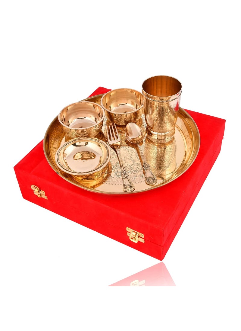 AC ANAND CRAFTS Ac Anand Crafts Pure Brass Dinner SetThali Set of 1 Plate 1 Glass 1 Spoon1 Fork 1 Pudding Bowl 2 Bowls Color Gold Dinnerware Set of 7 with Red Velvet Box  - Image 1