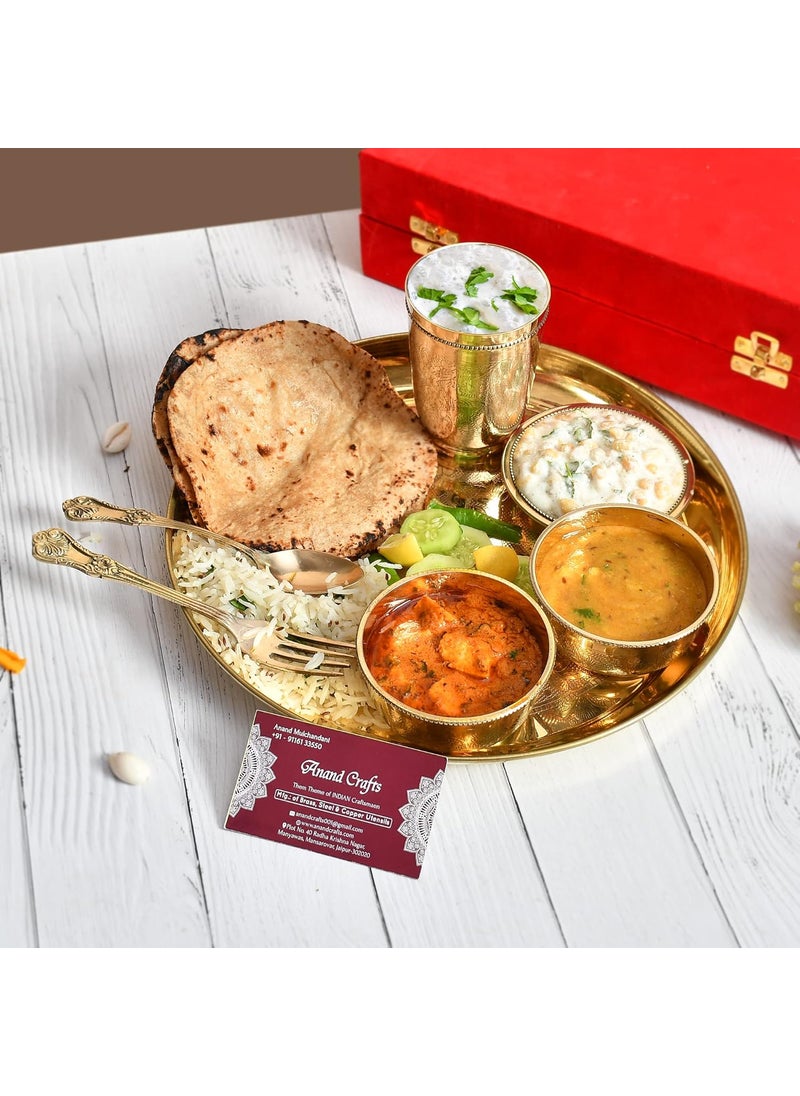 AC ANAND CRAFTS Ac Anand Crafts Pure Brass Dinner SetThali Set of 1 Plate 1 Glass 1 Spoon1 Fork 1 Pudding Bowl 2 Bowls Color Gold Dinnerware Set of 7 with Red Velvet Box  - Image 2