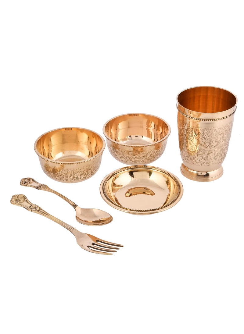 AC ANAND CRAFTS Ac Anand Crafts Pure Brass Dinner SetThali Set of 1 Plate 1 Glass 1 Spoon1 Fork 1 Pudding Bowl 2 Bowls Color Gold Dinnerware Set of 7 with Red Velvet Box  - Image 4