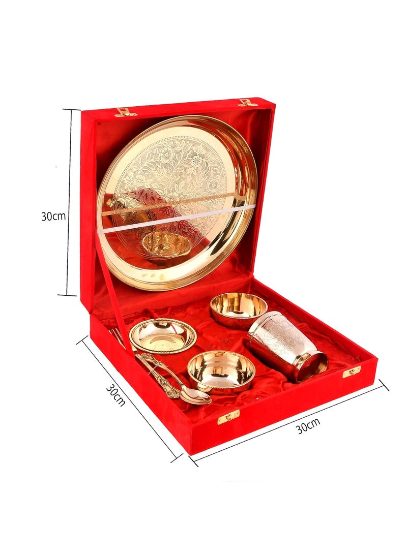 AC ANAND CRAFTS Ac Anand Crafts Pure Brass Dinner SetThali Set of 1 Plate 1 Glass 1 Spoon1 Fork 1 Pudding Bowl 2 Bowls Color Gold Dinnerware Set of 7 with Red Velvet Box  - Image 5