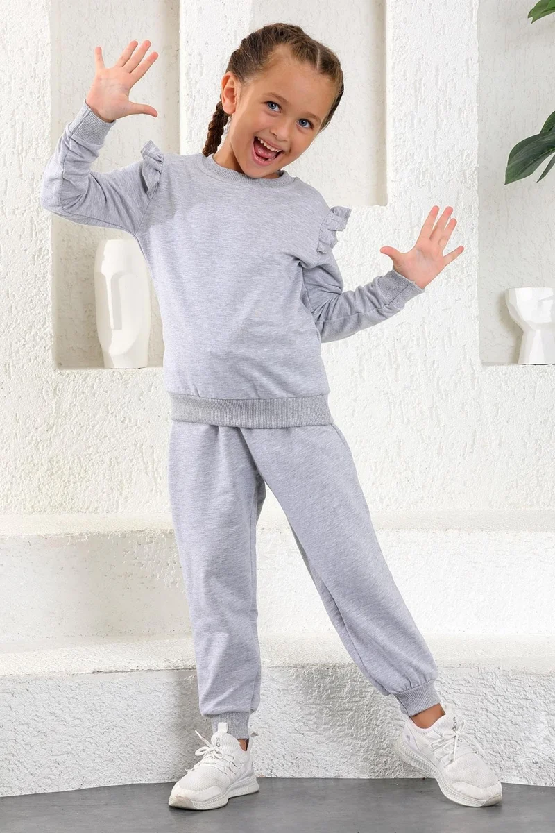 أكار Crew Neck Long Sleeve Gray Color Girl Tracksuit Set