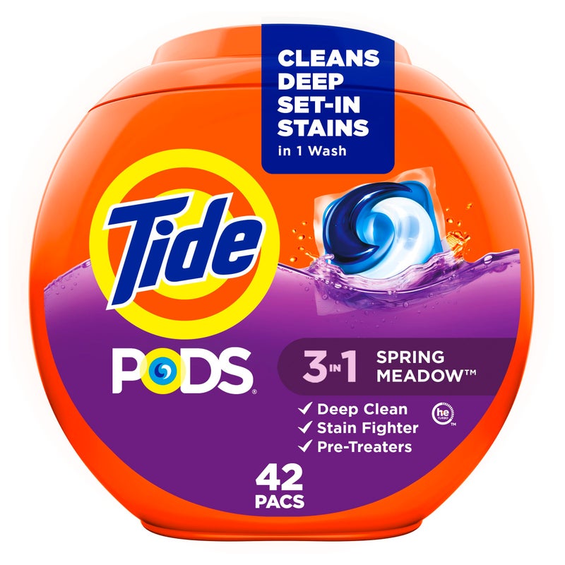 Tide PODS laundry detergent pacs, 3-in-1 Stain Remover, Odor Fighter, Color Protector, 42 Count, HE compatible, Spring Meadow Scent - Image 1