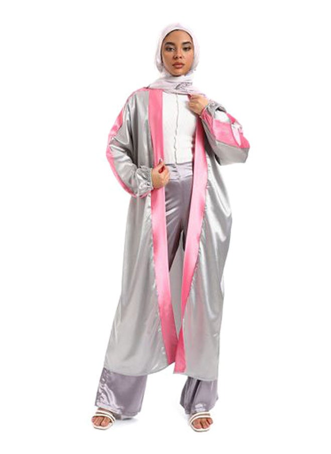 M.SOU - Rose Trims Over Silver Silk Cardigan With Elastic Cuffs - Image 1