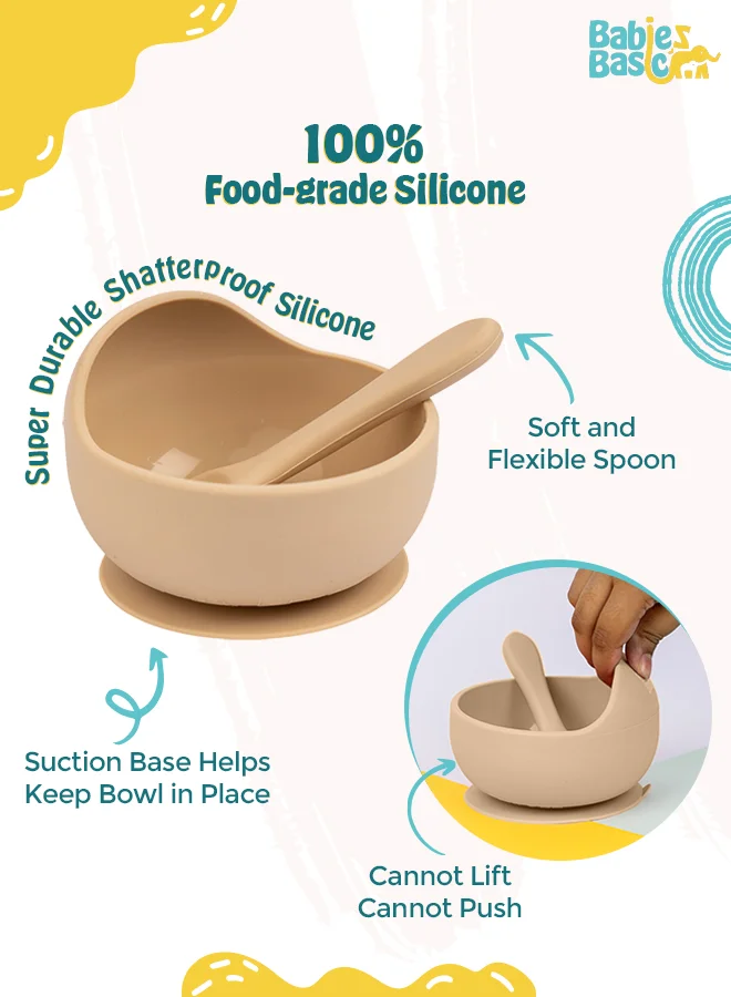 Babies Basic Feeding Set, 2 Pieces, Silicone Set For Self Feeding, Learning & Fine Motor Skills Soft, Easy To Grip Silicone Spoon , Strong Suction Silicone Bowl - Beige