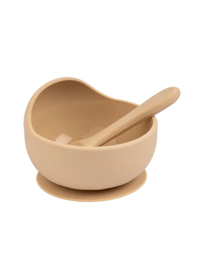 Babies Basic Feeding Set, 2 Pieces, Silicone Set For Self Feeding, Learning & Fine Motor Skills Soft, Easy To Grip Silicone Spoon , Strong Suction Silicone Bowl - Beige