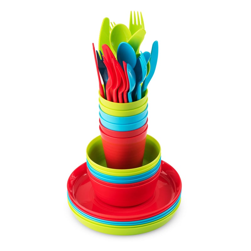 PLASKIDY Kids Plastic Dinnerware Set  36 Pc Reusable Childrens Dinner Set Microwave  Dishwasher Safe BPA Free Toddler Dishes Dinnerware Set Includes Kids Plates and Bowls Kids Cups  Flatware