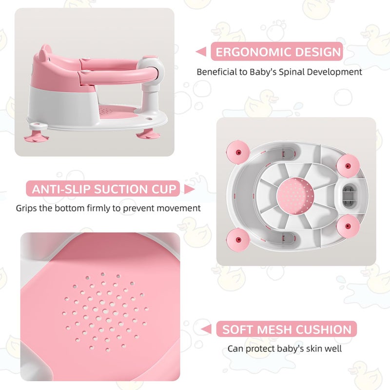 Himold Baby Bath Seat for Babies 6 Months & up, Non-Slip Toddler Bath Seats for Babies Sitting Up, Safe Infant & Newborn Bathtub Chair with 4 Suction Cups & Soft Cushion for Shower,Pink - Image 4