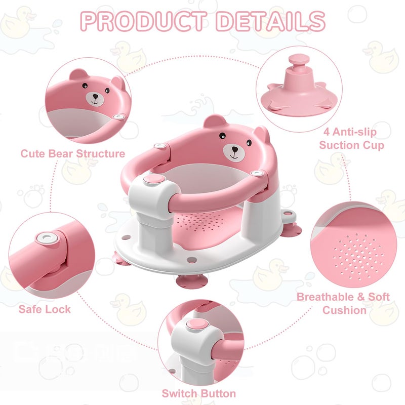 Himold Baby Bath Seat for Babies 6 Months & up, Non-Slip Toddler Bath Seats for Babies Sitting Up, Safe Infant & Newborn Bathtub Chair with 4 Suction Cups & Soft Cushion for Shower,Pink - Image 3