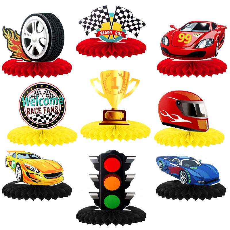 Inbagi 9 Pieces Race Car Party Decorations Race Car Honeycomb Centerpieces Party Table Decor Double-Sided Photo Booth Props for Birthday Supplies - Image 1