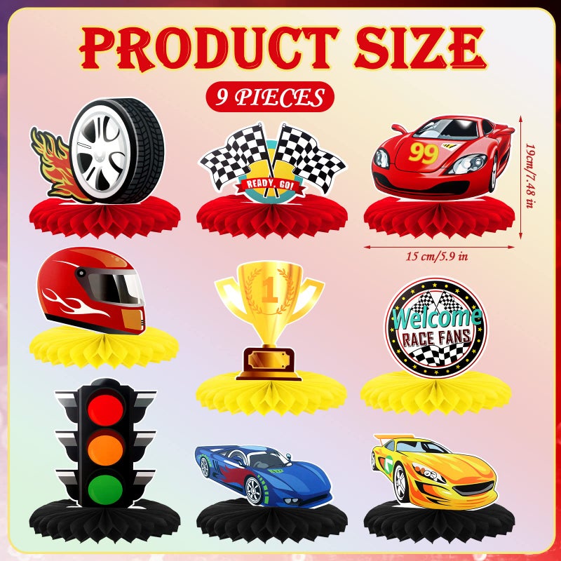 Inbagi 9 Pieces Race Car Party Decorations Race Car Honeycomb Centerpieces Party Table Decor Double-Sided Photo Booth Props for Birthday Supplies - Image 2