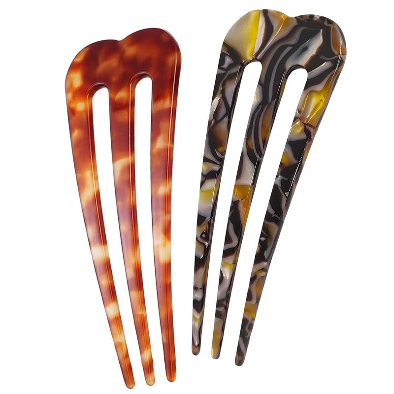 Large French Hair Pins for Women 3Prong French Pins for Thick Hair U Shaped Hair Forks French Twist Hair Pin Clips Updo Hair Sticks for Buns 2 Pcs Tortoise Brown