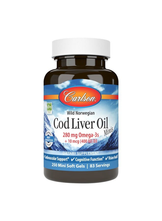 Carlson Wild Norwegian, Cod Liver Oil Minis, 250 Mini Soft Gels - Image 1