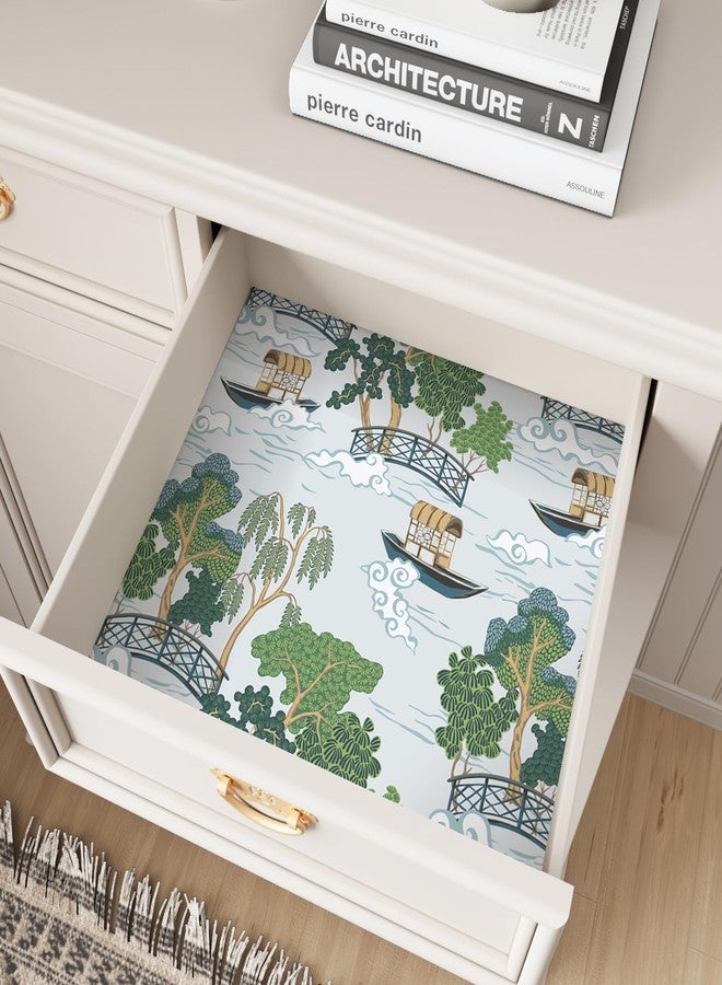 CRE8TIVE Chinoiserie Landscape Wallpaper Blue Peel and Stick Wallpaper Vintage 12"x118" River Bridge Boat Tree Wall Paper Mural Self Adhesive Vinyl Contact Paper for Bedroom Cabinets Bathroom Shelves - Image 2