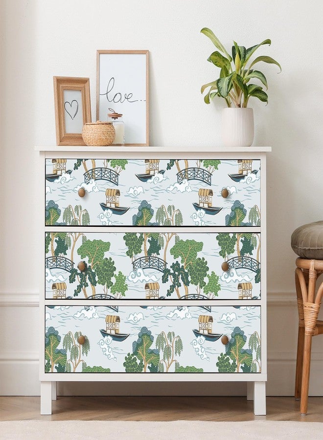 CRE8TIVE Chinoiserie Landscape Wallpaper Blue Peel and Stick Wallpaper Vintage 12"x118" River Bridge Boat Tree Wall Paper Mural Self Adhesive Vinyl Contact Paper for Bedroom Cabinets Bathroom Shelves - Image 4