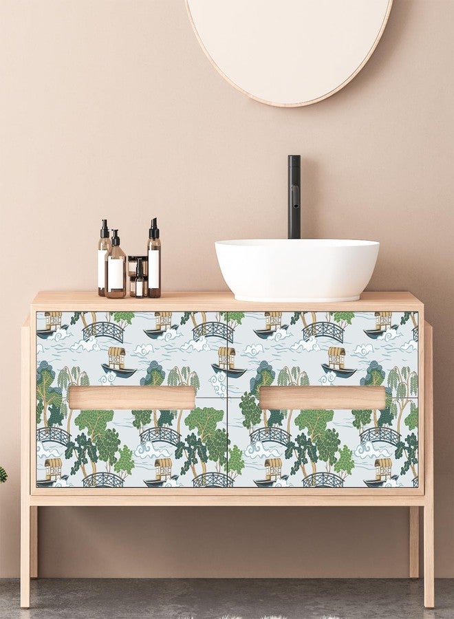 CRE8TIVE Chinoiserie Landscape Wallpaper Blue Peel and Stick Wallpaper Vintage 12"x118" River Bridge Boat Tree Wall Paper Mural Self Adhesive Vinyl Contact Paper for Bedroom Cabinets Bathroom Shelves - Image 3