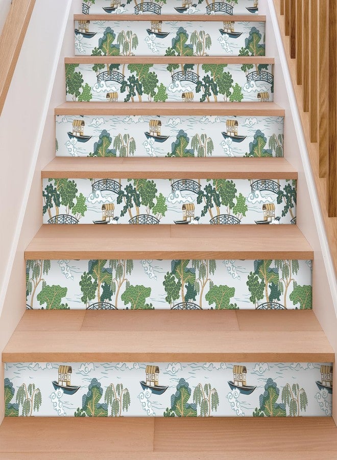 CRE8TIVE Chinoiserie Landscape Wallpaper Blue Peel and Stick Wallpaper Vintage 12"x118" River Bridge Boat Tree Wall Paper Mural Self Adhesive Vinyl Contact Paper for Bedroom Cabinets Bathroom Shelves - Image 5