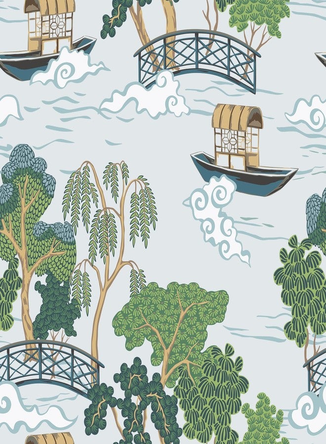 CRE8TIVE Chinoiserie Landscape Wallpaper Blue Peel and Stick Wallpaper Vintage 12"x118" River Bridge Boat Tree Wall Paper Mural Self Adhesive Vinyl Contact Paper for Bedroom Cabinets Bathroom Shelves - Image 1