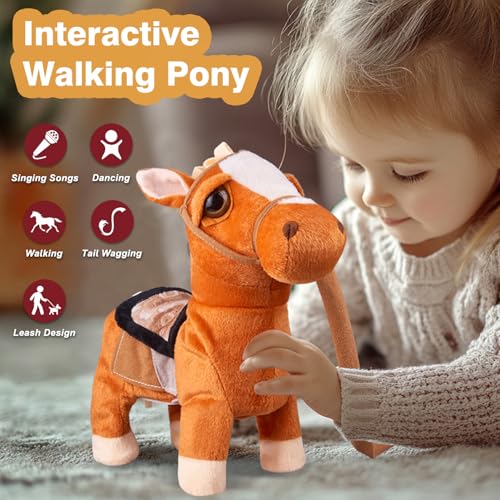 Marsjoy Walking Pony Toy Musical Singing Dancing Plush Interactive Pony Walk Along Horse with Leash Plush Stuffed Animal Shaking Head Buttocks Toy for Boy & Girl Kid Ages 3+ H: 11.81" - Image 2