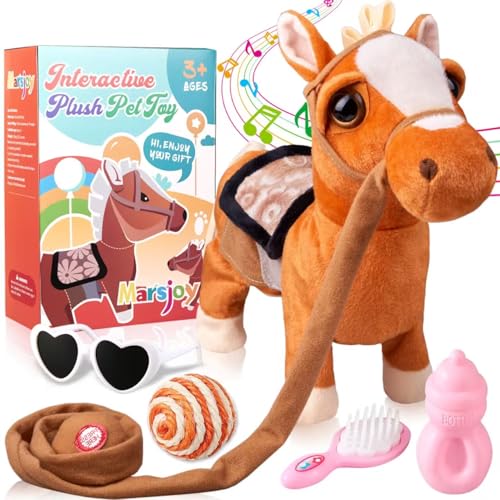 Marsjoy Walking Pony Toy Musical Singing Dancing Plush Interactive Pony Walk Along Horse with Leash Plush Stuffed Animal Shaking Head Buttocks Toy for Boy & Girl Kid Ages 3+ H: 11.81" - Image 1
