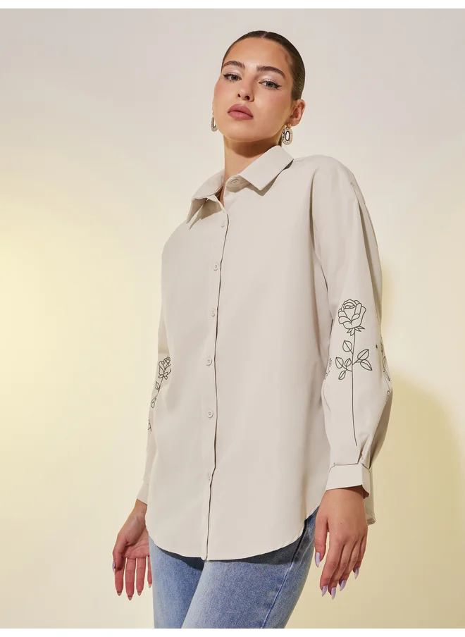 تايك تو Take Two Floral Print Long Sleeve Spread Collar Shirt