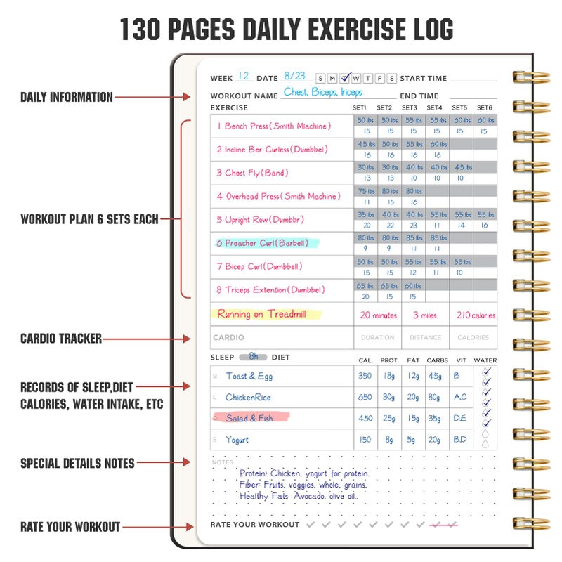 LOAPEM Workout Journal, Fitness Journal for Women & Men, A5 Workout Log Exercise, Fitness Trackers Plan Week With Goals, Calendar, Loss Weight Diet Training, Progress, Gym & Home Workouts (Black) - Image 4