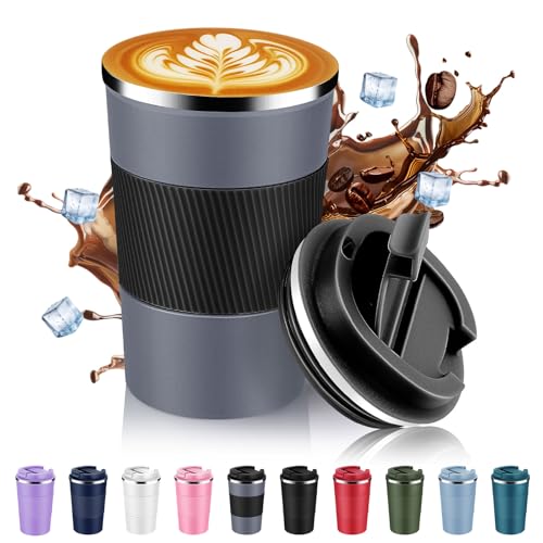 Volhoply 13 oz Stainless Steel Insulated Travel Coffee Mug with Fip Lid,Reusable Double Wall Vacuum Metal Coffee Cup,Portable to Go Leak Proof Cafe Thermal Tumbler for Hot & Cold Drinks(Gray,1) - Image 1