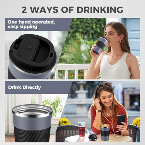 Volhoply 13 oz Stainless Steel Insulated Travel Coffee Mug with Fip Lid,Reusable Double Wall Vacuum Metal Coffee Cup,Portable to Go Leak Proof Cafe Thermal Tumbler for Hot & Cold Drinks(Gray,1) - Image 5