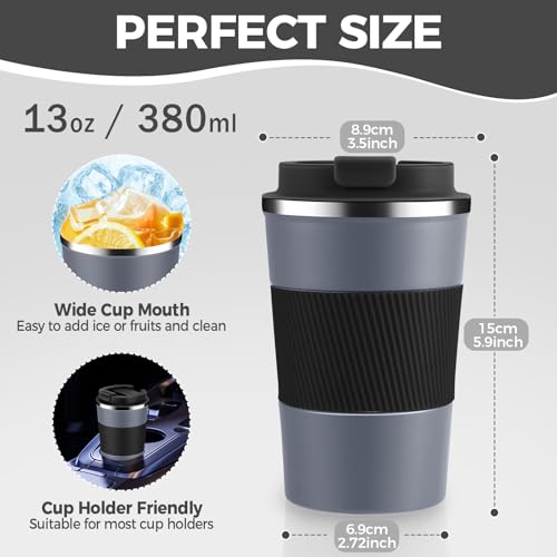 Volhoply 13 oz Stainless Steel Insulated Travel Coffee Mug with Fip Lid,Reusable Double Wall Vacuum Metal Coffee Cup,Portable to Go Leak Proof Cafe Thermal Tumbler for Hot & Cold Drinks(Gray,1) - Image 2