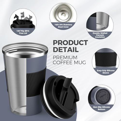 Volhoply 13 oz Stainless Steel Insulated Travel Coffee Mug with Fip Lid,Reusable Double Wall Vacuum Metal Coffee Cup,Portable to Go Leak Proof Cafe Thermal Tumbler for Hot & Cold Drinks(Gray,1) - Image 3
