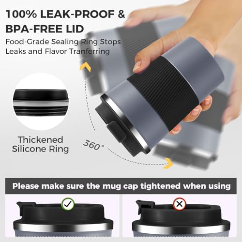 Volhoply 13 oz Stainless Steel Insulated Travel Coffee Mug with Fip Lid,Reusable Double Wall Vacuum Metal Coffee Cup,Portable to Go Leak Proof Cafe Thermal Tumbler for Hot & Cold Drinks(Gray,1) - Image 4