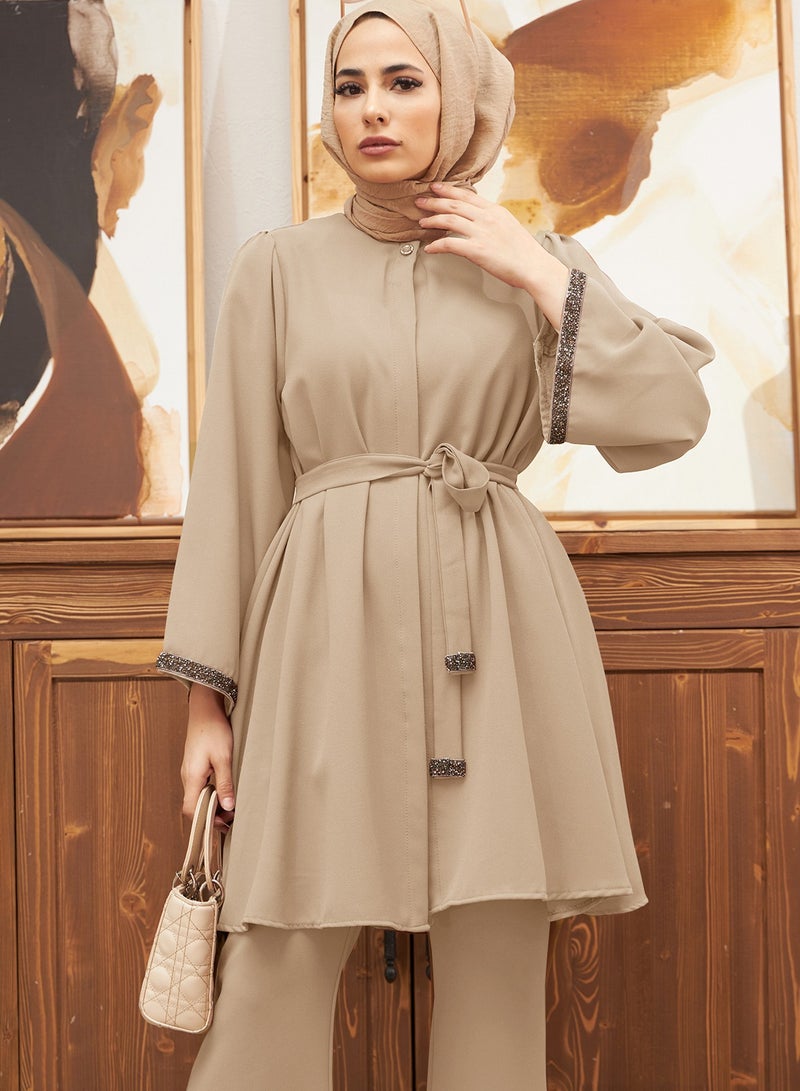 Modest Muslim Women's 2-Piece Set – Rhinestone Cuff & Belt, Loose Tunic Top with Flared Pants | Stylish Outfit for Work & Daily Wear  - Image 3
