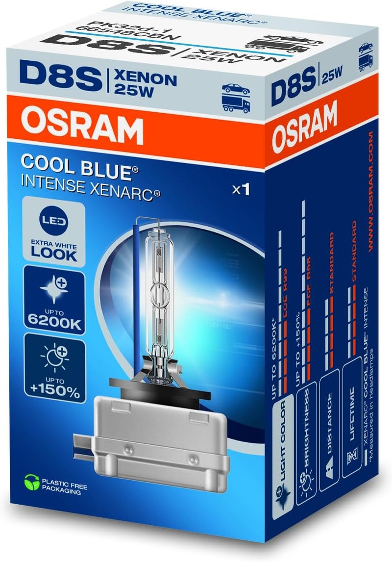 OSRAM XENARC® COOL BLUE® INTENSE D8S, +150% more brightness, up to 6,200K, xenon headlight lamp, LED look, folding box (1 lamp) - Image 1