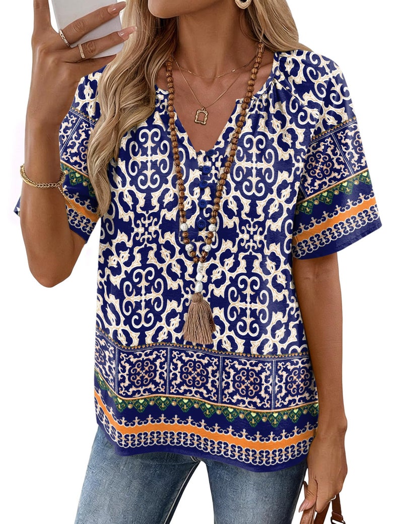 Rapbin Boho Summer Tops for Women 2026: Cotton Linen Tops for Women V Neck Short Sleeve Blouse Button Cruise Wear Summer Top Blue White Porcelain M - Image 1