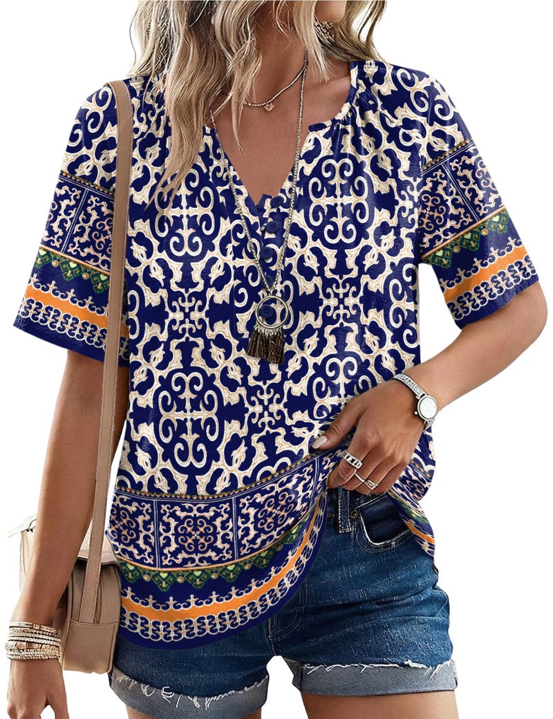 Rapbin Boho Summer Tops for Women 2026: Cotton Linen Tops for Women V Neck Short Sleeve Blouse Button Cruise Wear Summer Top Blue White Porcelain M - Image 2