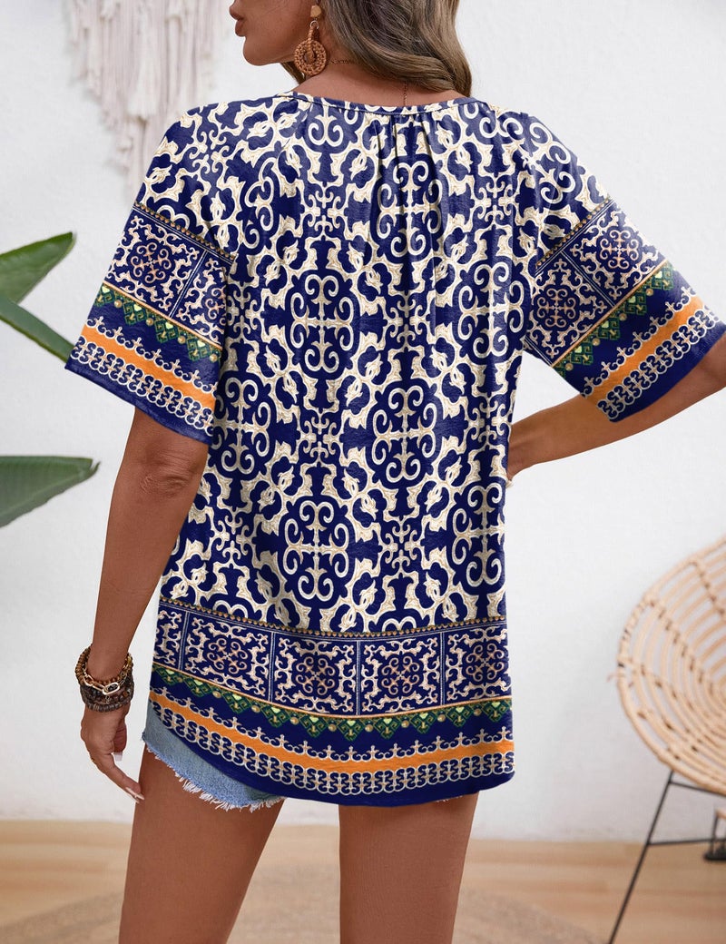 Rapbin Boho Summer Tops for Women 2026: Cotton Linen Tops for Women V Neck Short Sleeve Blouse Button Cruise Wear Summer Top Blue White Porcelain M - Image 5