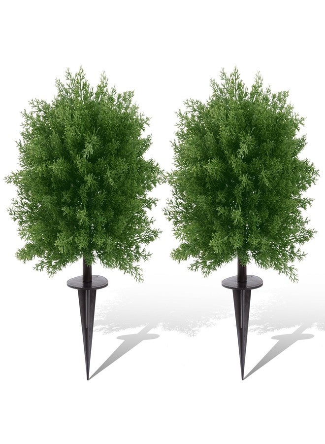 U'Artlines 23.6" Artificial Cedar Topiary Ball Trees with Ground Spike, Faux Cypress Greenery Plants UV Resistant Fake Shrubs Bushes for Front Porch Garden Yard Outdoor Decor, Set of 2 - Image 1