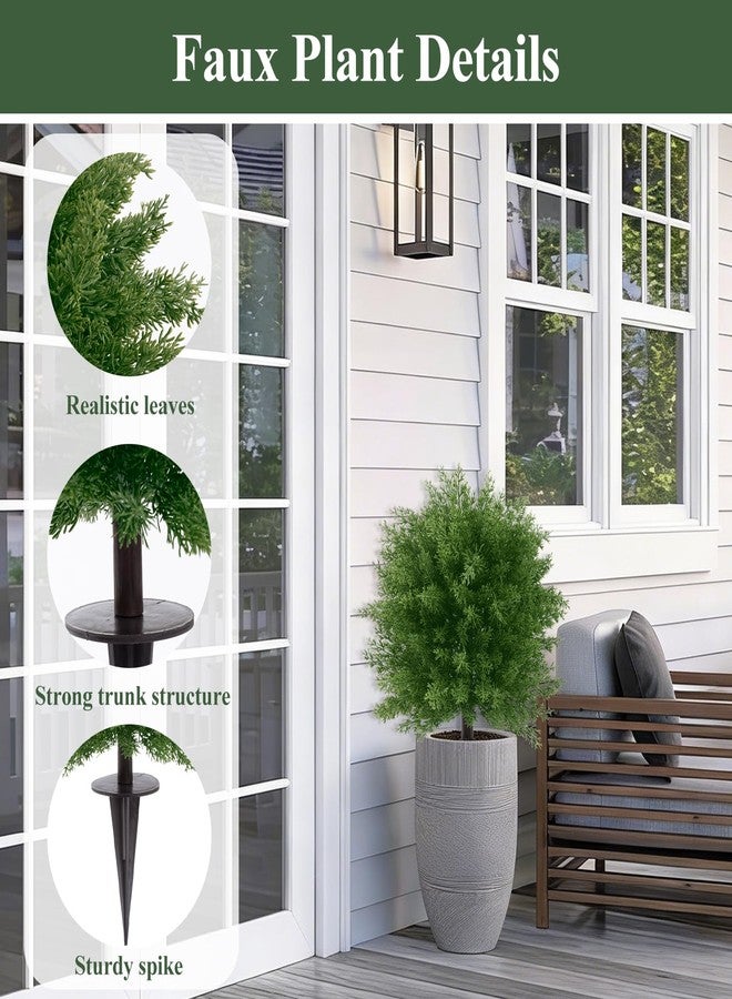 U'Artlines 23.6" Artificial Cedar Topiary Ball Trees with Ground Spike, Faux Cypress Greenery Plants UV Resistant Fake Shrubs Bushes for Front Porch Garden Yard Outdoor Decor, Set of 2 - Image 2