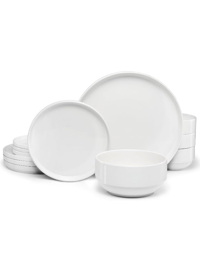 KooK Ceramic Dinnerware Set 12Piece Service for 4 Soup Bowls 315 oz Salad Plates 75 Dinner Plates 105 Round Microwave and Dishwasher Safe Marshmallow Cambridge Classics - Image 1