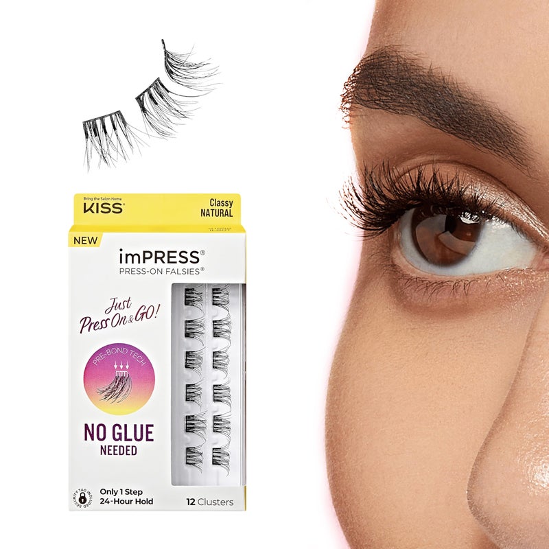 Impress KISS imPRESS False Eyelashes, Lash Clusters, Falsies, Classy Natural', 10mm-12mm, Includes 12 Pieces of pre-Bonded Lashes, Contact Lens Friendly, Easy to Apply, Reusable Strip Lashes - Image 1