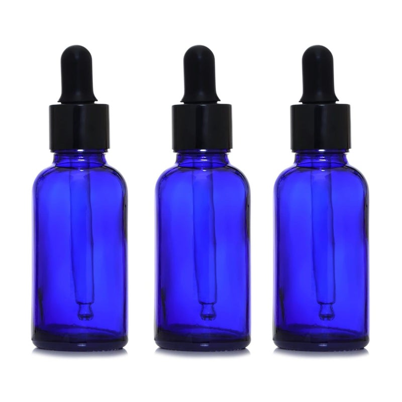 Flora Fresh Blue Glass Dropper Bottle With Black Dropper  Black Silicone TeatSet of 3 Blue Black30 ML - Image 1