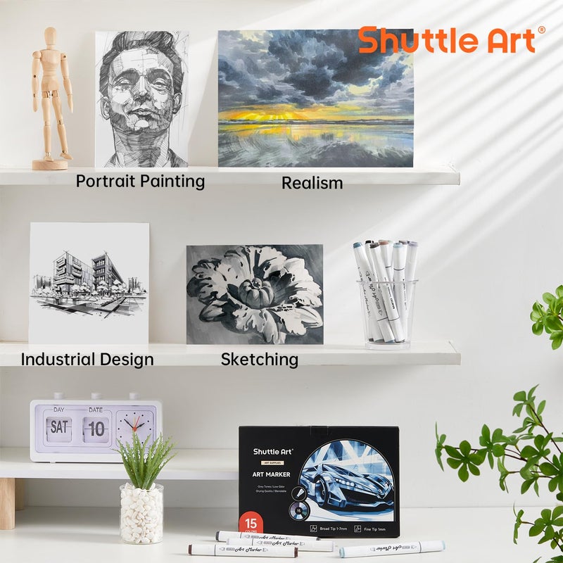 Shuttle Art ماركر فنون شاتل 15 لون من درجات الرمادي، أقلام ماركر قائمة على الكحول ذات طرفين مع رؤوس دقيقة ورؤوس مشطوفة مثالية للرسم، التظليل، التخطيط، التصميم، التحديد، والتوضيح - Image 5