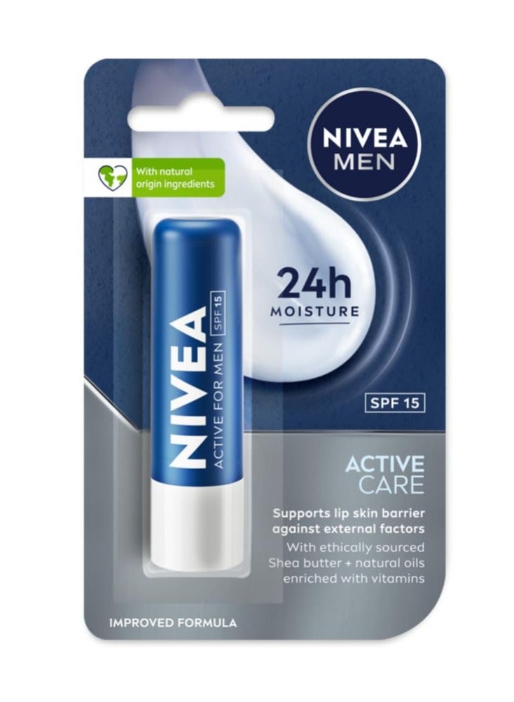 NIVEA MEN Active Care 4.8g Lip Balm|24 H Melt in Moisture Formula|Natural Oils|Nourished Lips,4.8 g (Pack of 1) - Image 1