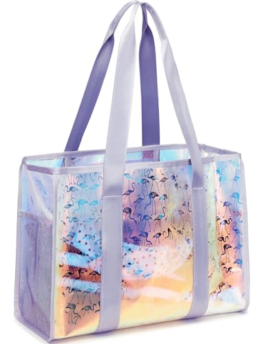 JIANYA Beach Bag for Women Iridescent Tote Bag Waterproof Sandproof Tipproof Swim Pool Bag Flamingo - Image 1