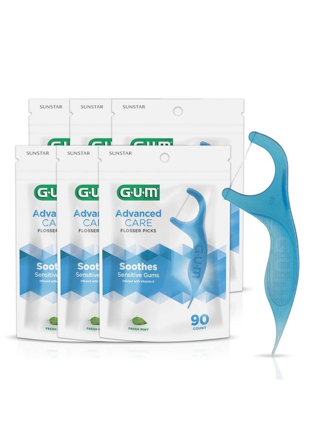 جم خيوط تنظيف الأسنان من GUM Advanced Care - خيوط تنظيف أسنان للبالغين مع فيتامين E والفلورايد - خيط تنظيف أسنان قوي جدًا مقاوم للتمزق، بمقبض سهل الإمساك، بنكهة النعناع المنعش، 90 قطعة (عبوة من 6 قطع) - Image 1