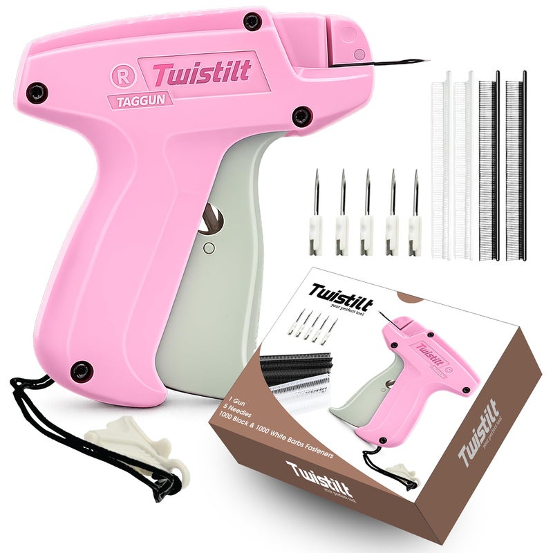 Twistilt Stitch Gun for Clothes (Quick Fix Tool, Not a Sewing Machine), Handheld Clothing Tag Gun for Quick Clothing Repairs Includes 6 Needles, 1000 Black & 1000 White Fasteners (Pink) - Image 1