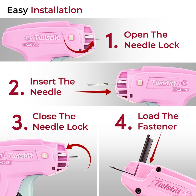 Twistilt Stitch Gun for Clothes (Quick Fix Tool, Not a Sewing Machine), Handheld Clothing Tag Gun for Quick Clothing Repairs Includes 6 Needles, 1000 Black & 1000 White Fasteners (Pink) - Image 3